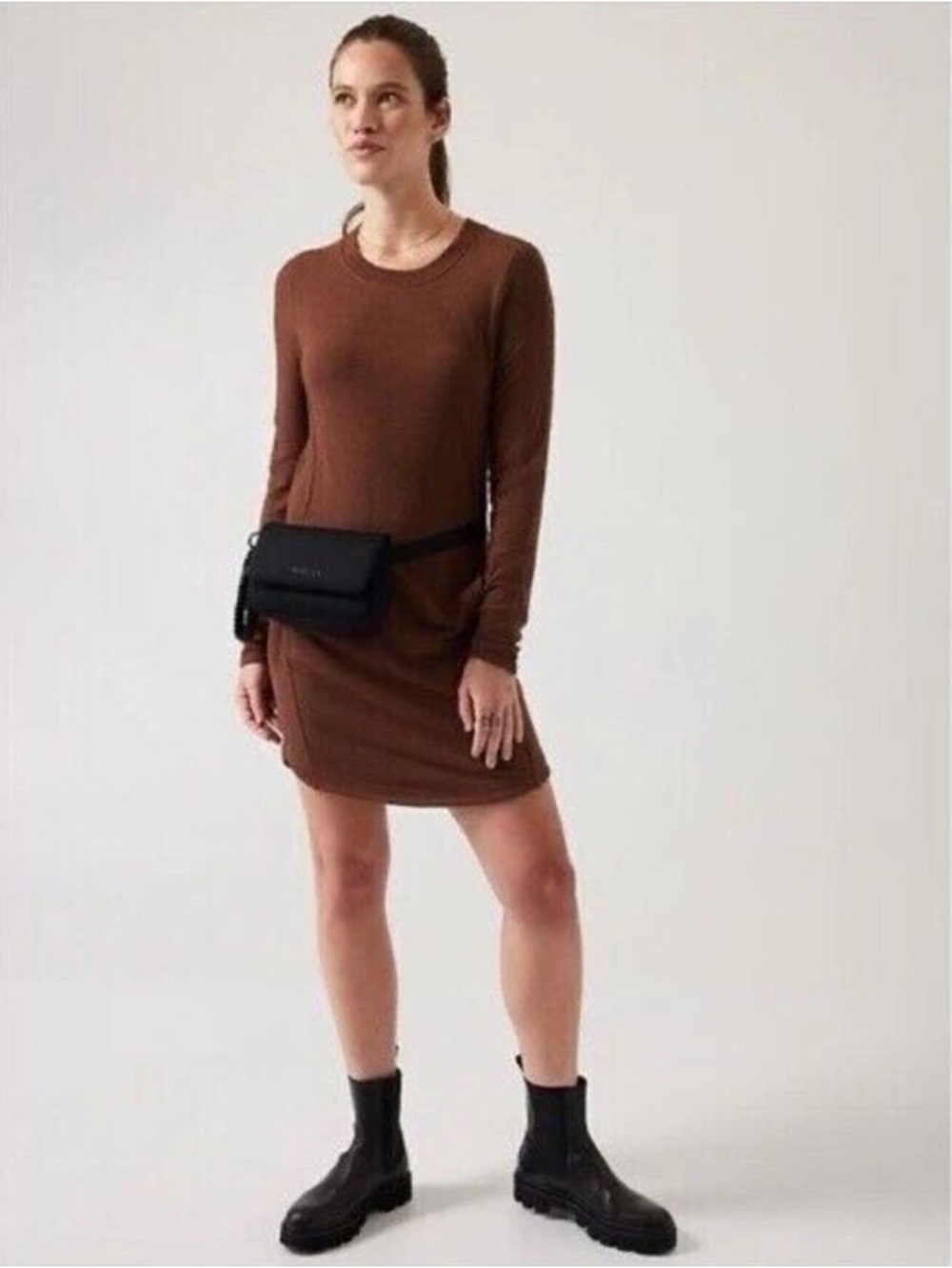 Athleta Balanced Brown Long-Sleeve Crewneck Mini Dress, Everyday Lounge